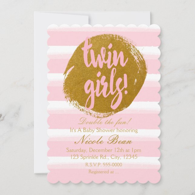 TWIN GIRLS Pink Gold Foil Watercolor Invitation (Front)