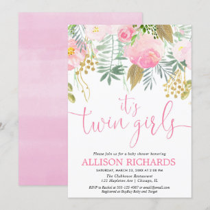 Twin girls pink gold greenery floral watercolor invitation