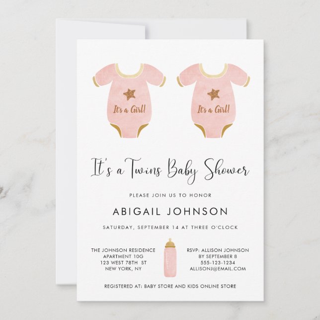 Twin Girls Pink Gold Watercolor Retro Baby Shower Invitation (Front)