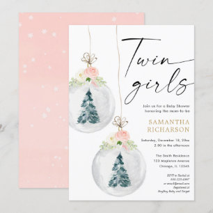 Twin Girls pink gold Winter Christmas baby shower Invitation