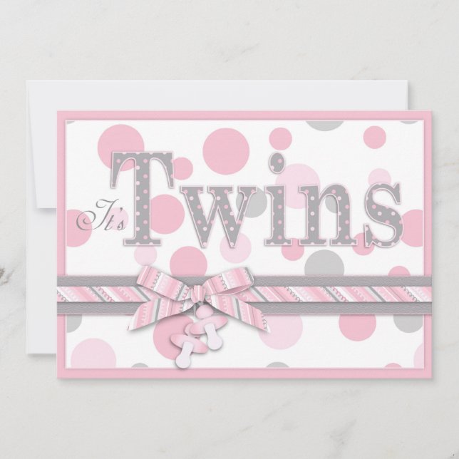 TWIN GIRLS Pink Grey Dots Baby Shower Invitation (Front)