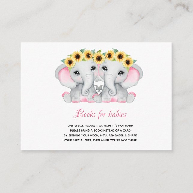 Twin girls pink grey elephants sunflower wreaths enclosure card (Front)