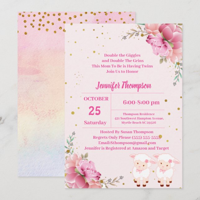 Twin Girls Pink Lambs Invitation (Front/Back)
