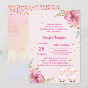 Twin Girls Pink Lambs Invitation