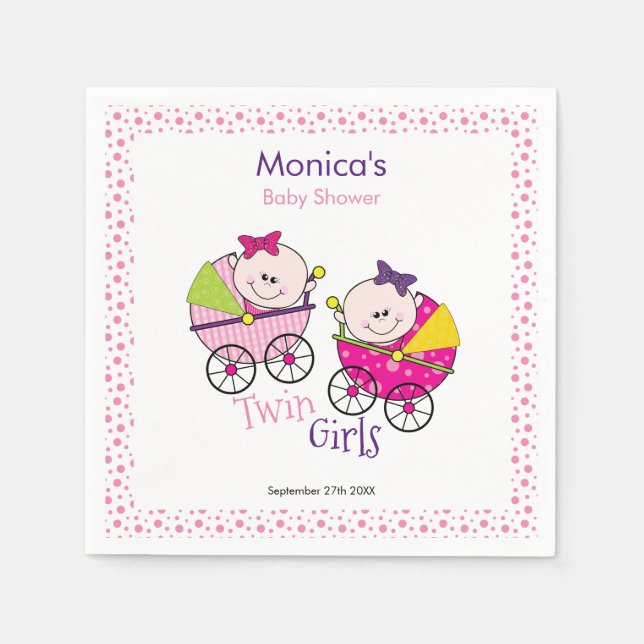 Twin Girls Pink Polka Dots Baby Shower Napkin (Front)