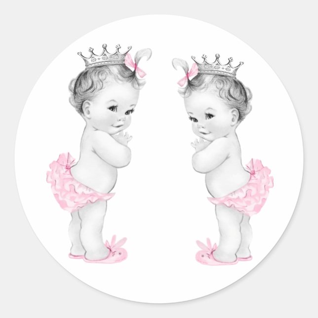 Twin Girls Pink Princess Baby Shower Stickers (Front)