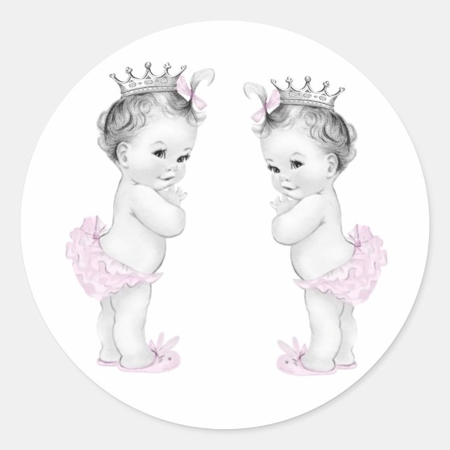 Twin Girls Pink Princess Baby Shower Stickers (Front)