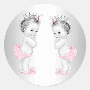 Twin Girls Pink Princess Baby Shower Stickers