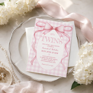 Twin Girls Pink Ribbon Bow Vintage Cute Invitation