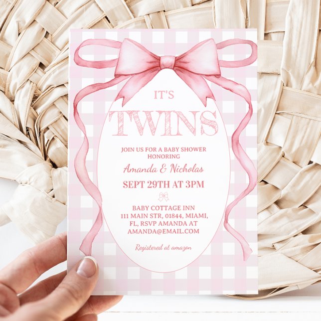 Twin Girls Pink Ribbon Bow Vintage Cute  Invitation (Creator Uploaded)