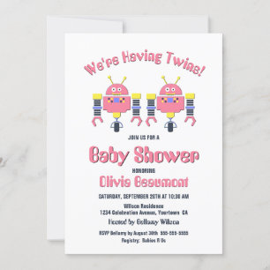 Twin Girls Pink Robot Baby Shower Invitation