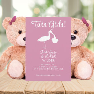 Twin Girls Pink Stork Pregnancy Announcement Card