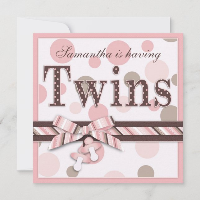 TWIN GIRLS Pink Taupe Dots Baby Shower Invitation (Front)
