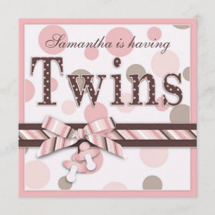 TWIN GIRLS Pink Taupe Dots Baby Shower Invitation