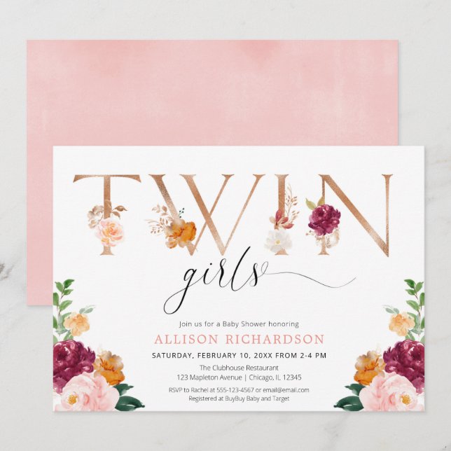 Twin girls rose gold burgundy blush girl shower invitation (Front/Back)