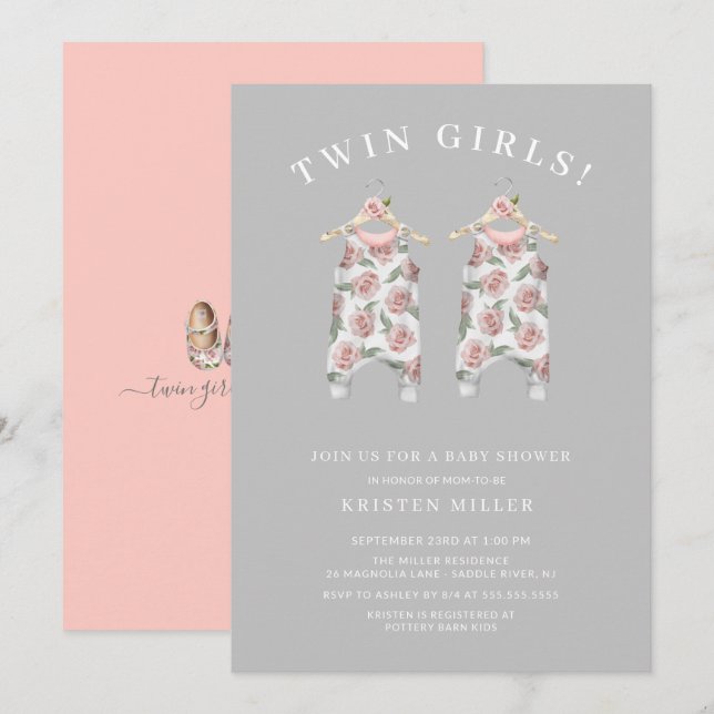 Twin Girls Roses Romper Baby Shower Invitation (Front/Back)
