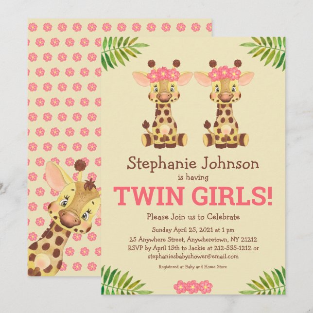 Twin Girls Safari Giraffe Cute Baby Shower Invitation (Front/Back)