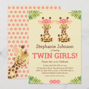 Twin Girls Safari Giraffe Cute Baby Shower Invitation