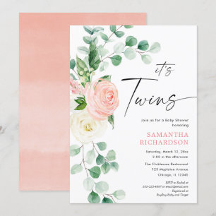 Twin girls spring floral greenery baby shower invitation