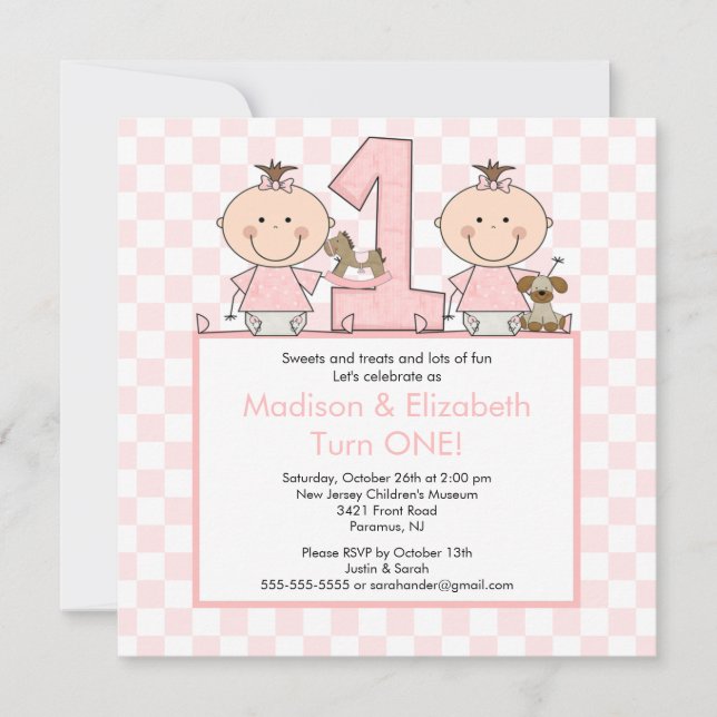 Twin Girls Stick Figure Twins Birthday Invitation (Front)