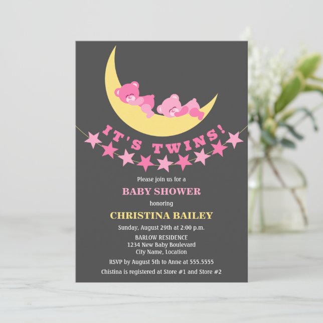Twin Girls Teddy Bear Baby Shower Invitation (Standing Front)