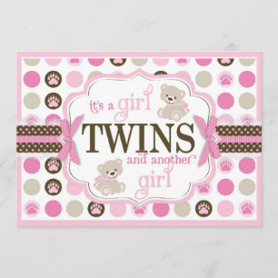Twin Girls Teddy Bear Baby Shower Pink Invitation