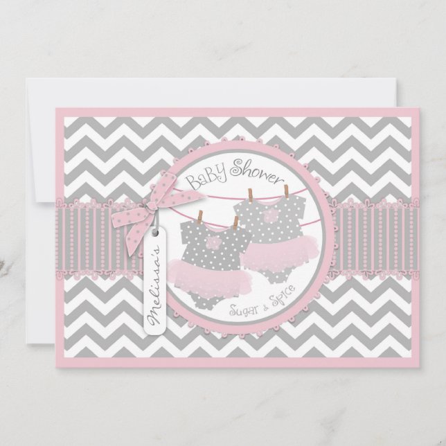 Twin Girls Tutus Chevron Print Baby Shower Invitation (Front)