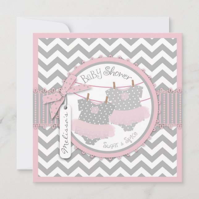 Twin Girls Tutus Chevron Print Baby Shower Invitation (Front)