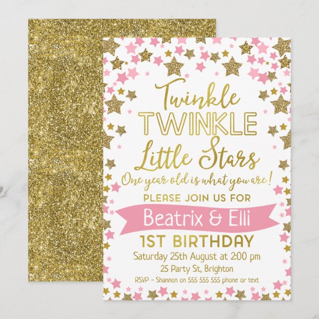 Twin Girls Twinkle Little Star Birthday Invitation (Front/Back)