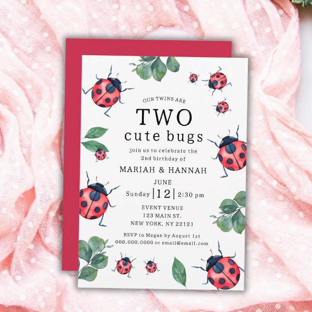 Twin Girls Two Cute Bugs Ladybug 2nd Birthday Invitation (Creator Uploaded)