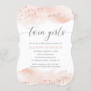 Twin girls watercolor rose gold blush pink glitter invitation