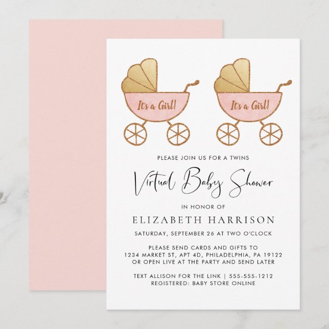 Twin Girls Watercolor Virtual Baby Shower Invitation (Front/Back)