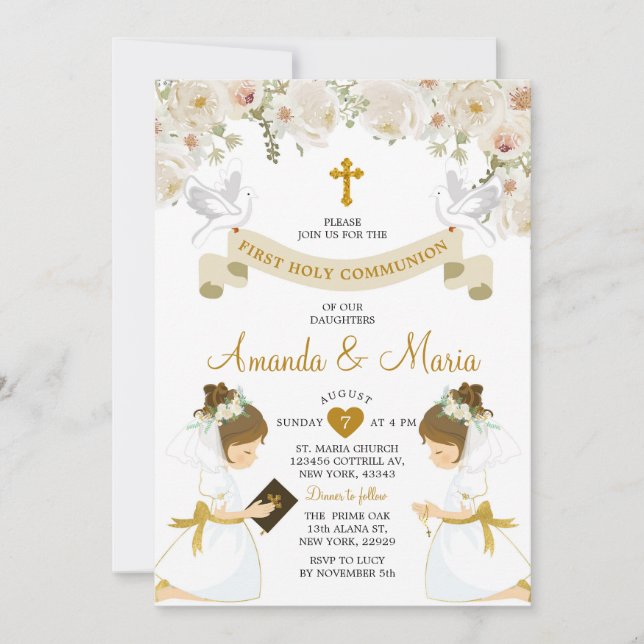Twin Girls White Floral Gold First Holy Communion Invitation (Front)