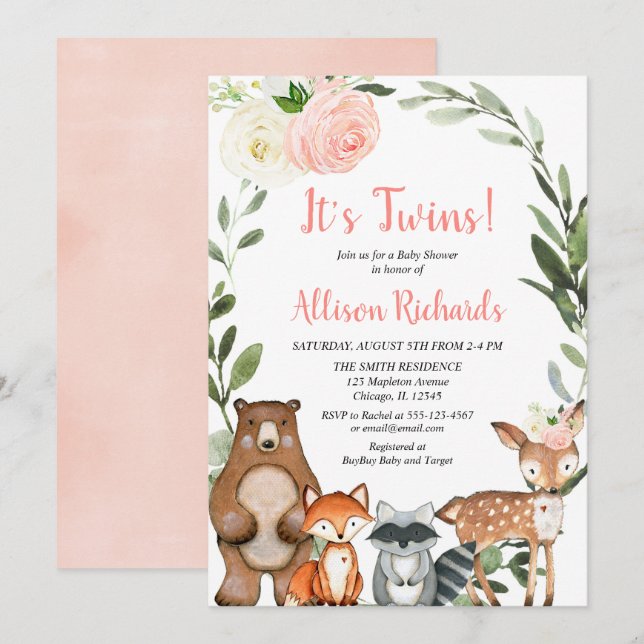 Twin girls woodland animals greenery baby shower invitation (Front/Back)