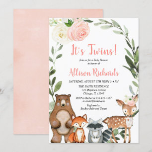 Twin girls woodland animals greenery baby shower invitation