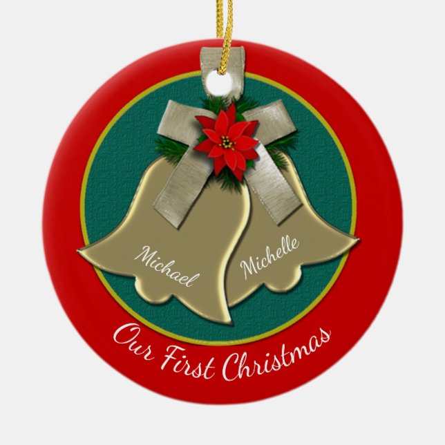 Twin Gold Bells Couple's First Christmas Ornament (Front)