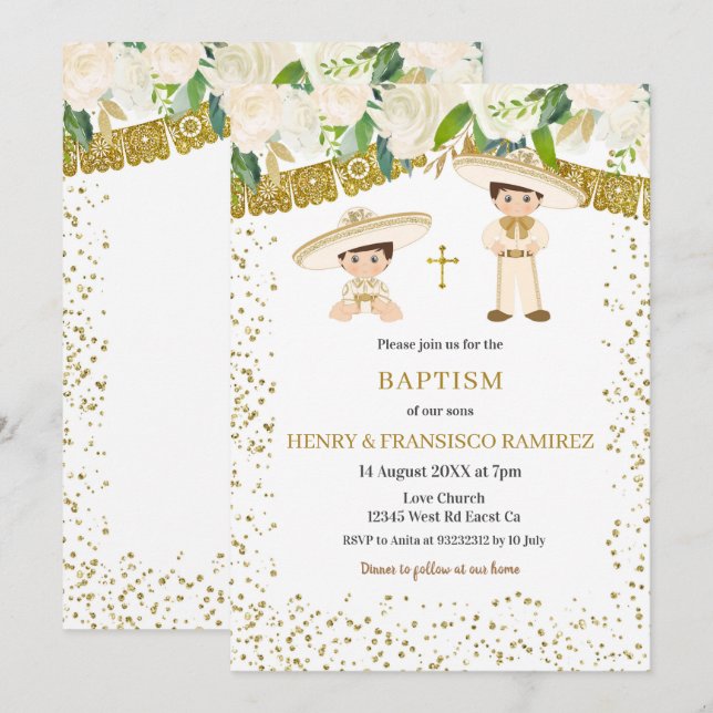 Twin Gold Charro Boy Baptism Fiesta  Invitation (Front/Back)
