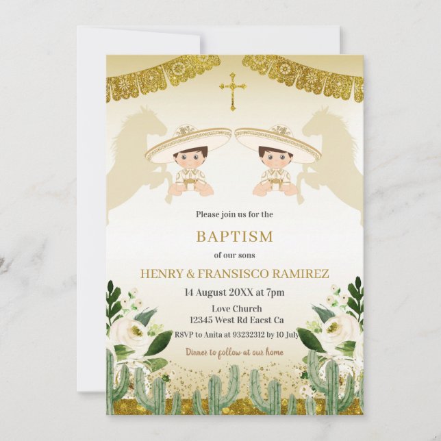 Twin Gold Fiesta Boy Baptism Niño Bautizo Invitation (Front)