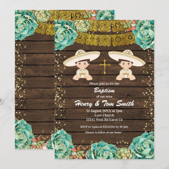Twin Gold Glitter Fiesta Boy Baptism Christening Invitation (Front/Back)