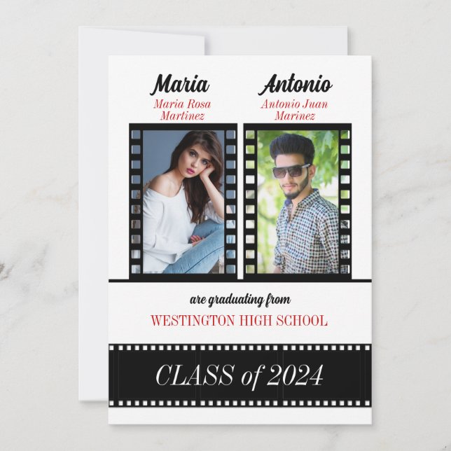 Twin Graduates Graduation Classic Film Red 2024 Invitation (Front)