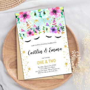 Twin Green Floral Unicorn Birthday Invitation
