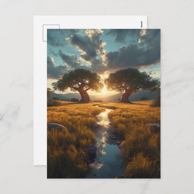 Twin Guardians – Golden Meadow Sunset Postcard (Front/Back)