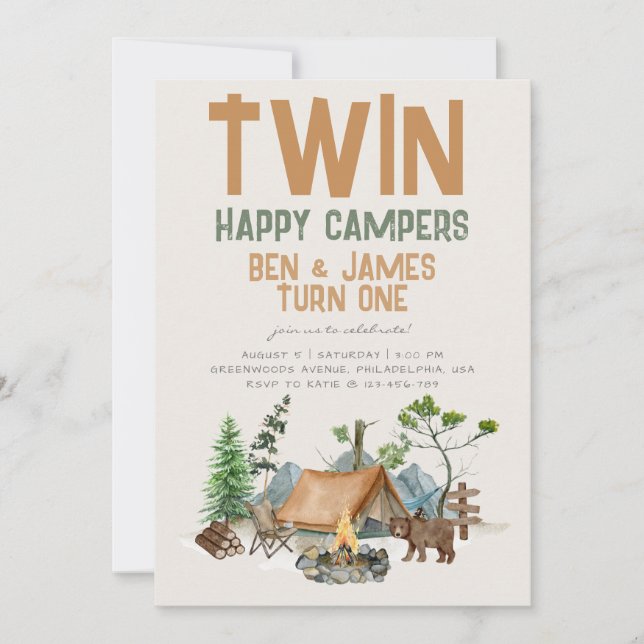 Twin Happy Camper Watercolor Woodland 1st Birthday Invitation (Front)