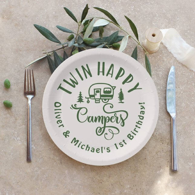 Twin Happy Campers brown minimalist 1st birthday Paper Plate (Creator Uploaded)