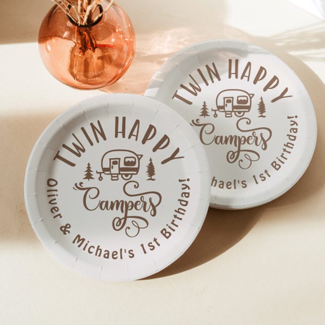 Twin Happy Campers brown minimalist 1st birthday Paper Plate (Creator Uploaded)