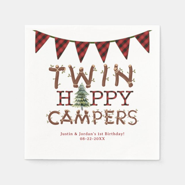 Twin Happy Campers Forest Woodland Birthday Party  Napkin (Front)