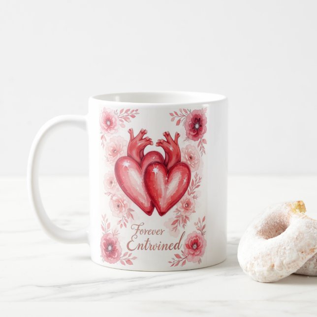 Twin Hearts Forever Enchanted Floral  Coffee Mug (With Donut)