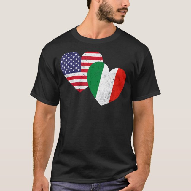 Twin Hearts Italy USA Flags Distressed for Italian T-Shirt (Front)