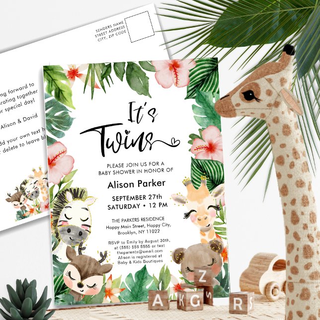 Twin Jungle Safari Tropical Greenery Baby Shower Invitation Postcard (Creator Uploaded)