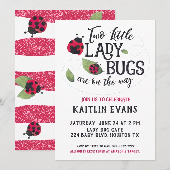 Twin Ladybug Baby Shower Invitation (Front/Back)